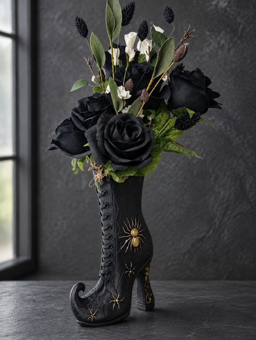 Black Corseted Boot Vase with Gold Accent Embellishments